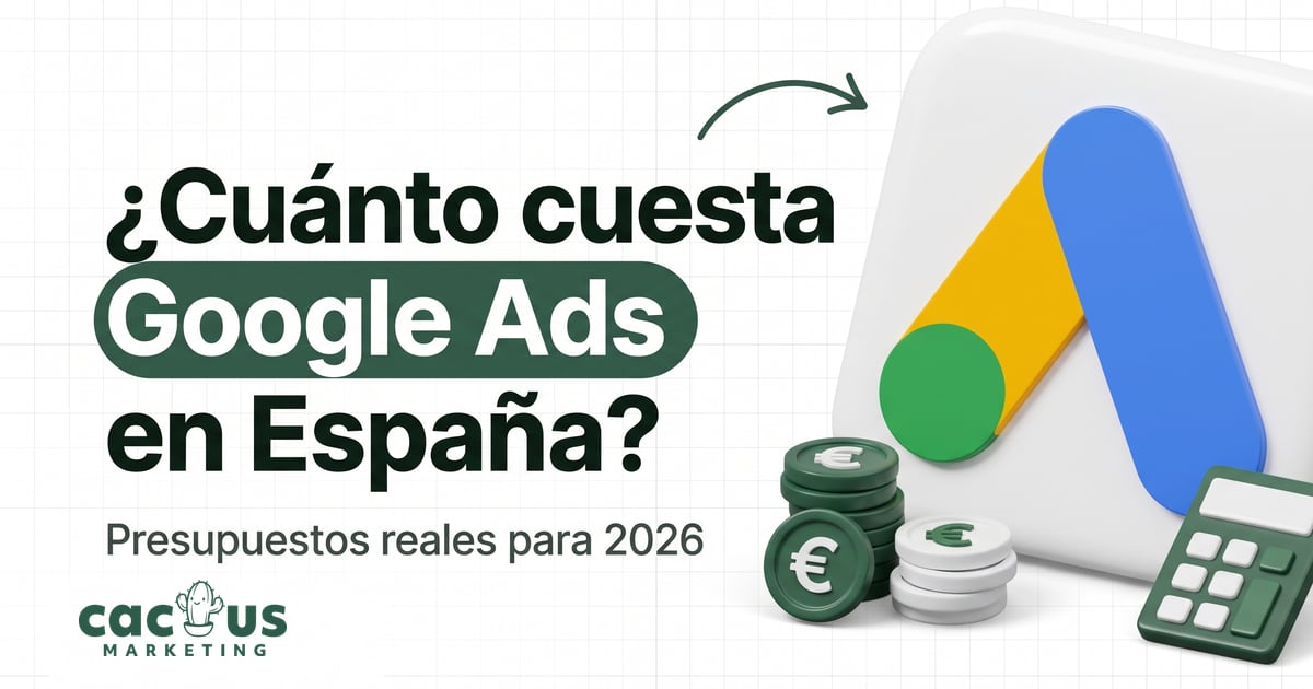 Portada: ¿Cuánto cuesta Google Ads en España? Presupuestos reales para 2026, con el logo de Google Ads en 3D, monedas y una calculadora